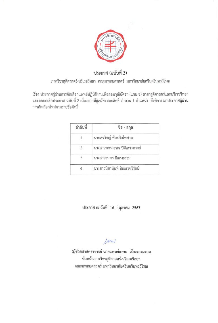 ประกาศ ผลผู้สมัครคัดเลือกแพทย์ปฏิบัติงานเพื่อสอบวุฒิบัตรฯ สาขาสูติศาสตร์ฯ ประจำปีการศึกษา 68
